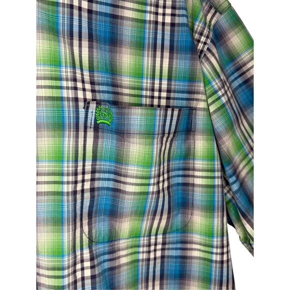 Cinch Men’s Large Short Sleeve Button Up Shirt Blue Green Plaid Western Rodeo - Picture 2 of 5